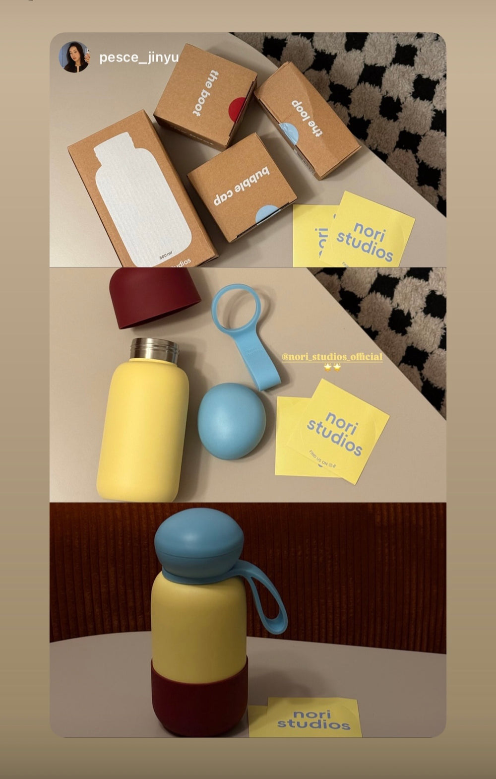 nori packaging and parts laid out beside a yellow bottle with a blue loop