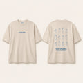 Oat nori studios t-shirt shown front and back, the back printed with a line-up of bottles