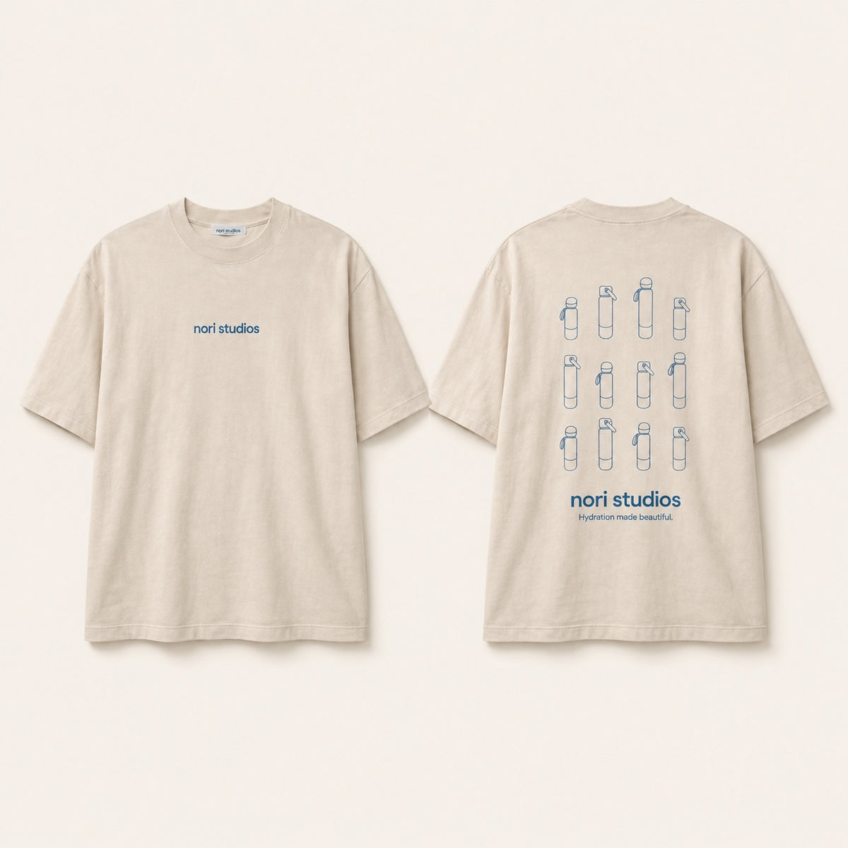 Oat nori studios t-shirt shown front and back, the back printed with a line-up of bottles